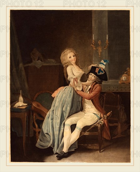 Auguste-Claude-Simon Legrand after Louis-Léopold Boilly, French (1765-1815 or after), Le cocarde nationale, color aquatint and etching