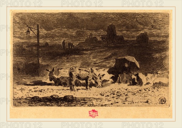 Félix-Hilaire Buhot, French (1847-1898), Les Anes de La Butte-aux-Cailles (Donkeys at La Butte-aux-Cailles), 1873-1874, etching in black on light brown wove paper