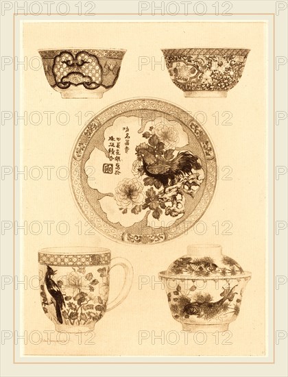 Jules-Ferdinand Jacquemart, French (1837-1880), Five Pieces of China, etching
