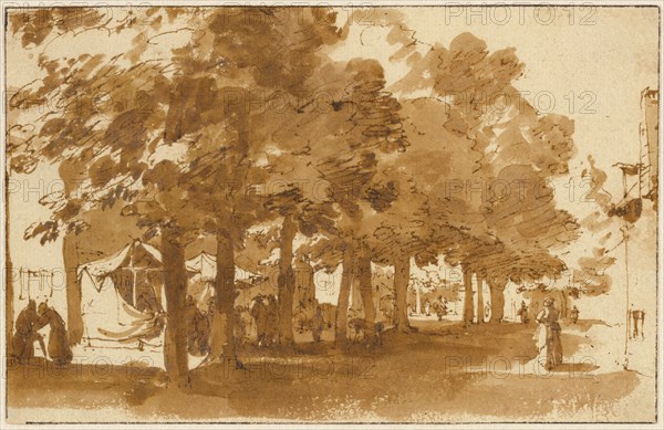 A Market Scene Under Trees in Katwijk op Rijn