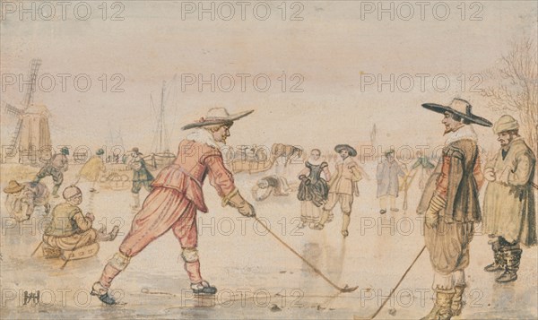 A Winter Scene with Two Gentlemen Playing Colf