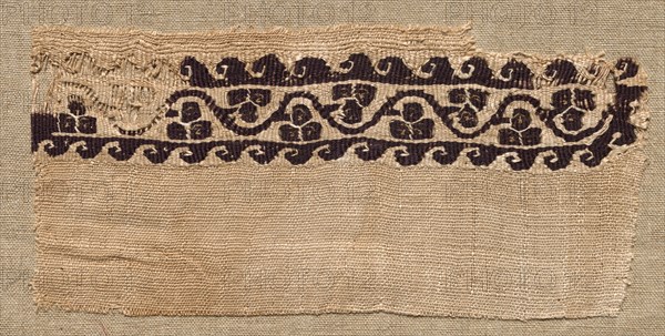 Fragment, with Part of a Clavus, from a Tunic, 400s - 500s. Egypt, Byzantine period, 5th - 6th century. Tabby with inwoven tapestry ornament, wool and linen on linen ground; overall: 8.9 x 18.8 cm (3 1/2 x 7 3/8 in.)
