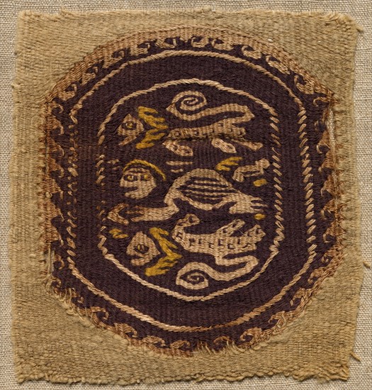 Fragment, with a Segmentum, from a Tunic, 400s - 600s. Egypt, Byzantine period, 5th - 7th century. Tabby weave with interwoven tapestry ornament, linen and wool; overall: 12.8 x 12.1 cm (5 1/16 x 4 3/4 in.)