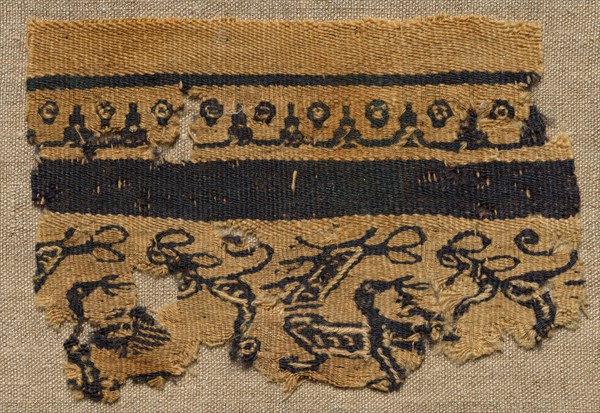 Fragment, with Part of a Clavus, from a Tunic, 400s - 600s. Egypt, Byzantine period, 5th - 7th century. Tabby ground, inwoven tapestry ornament; wool; overall: 9 x 13.1 cm (3 9/16 x 5 3/16 in.)