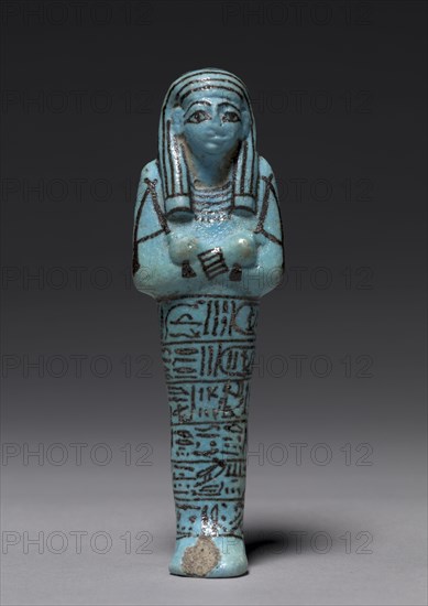 Shawabty of Seti I, c. 1294-1279 BC. Egypt, Thebes, New Kingdom, Dynasty 19, reign of Seti 1. Medium blue faience with black decoration; overall: 15.1 x 4.5 x 3 cm (5 15/16 x 1 3/4 x 1 3/16 in.).