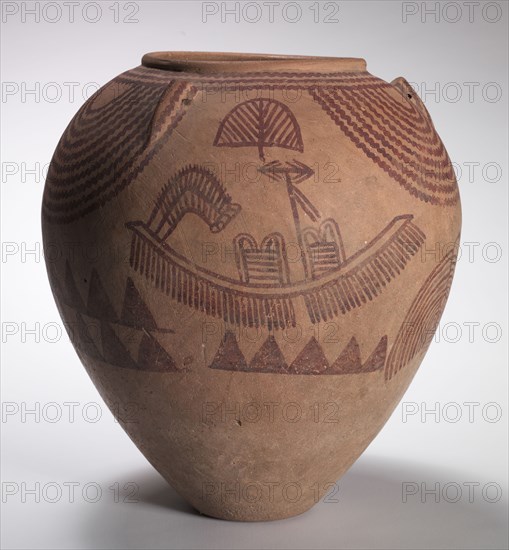 Decorated Jar with Boat Scenes, c. 3300-3100 BC. Egypt, Middle Predynastic Period, Naqada IIc-d periods. Marl clay pottery; diameter: 28.2 cm (11 1/8 in.); diameter of mouth: 15.2 cm (6 in.); overall: 32 cm (12 5/8 in.).