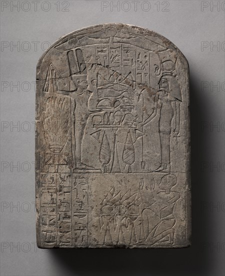 Stele of Neferrenpet, 1400-1296 BC. Egypt, Probably Thebes, New Kingdom, late Dynasty 18, 1540-1296 BC. Limestone, originally painted and gilded; overall: 30 x 20.6 x 4.8 cm (11 13/16 x 8 1/8 x 1 7/8 in.).