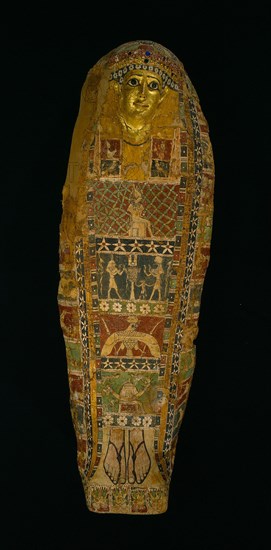 Cartonnage Mummy Case , c. 50 BC - AD 50. Egypt, Late Ptolemaic Dynasty to early Roman Empire. Cartonnage, painted and gilded, with glass inlays; overall: 20.5 x 57 cm (8 1/16 x 22 7/16 in.).