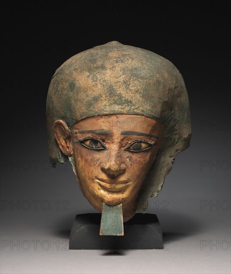 Mummy Mask of Senbi, 1980-1801 BC. Egypt, Meir, Middle Kingdom, Dynasty 12, 1980-1801 BC. Cartonage, wood, limestone, obsidian, paint; overall: 30.5 x 29.2 x 27.6 cm (12 x 11 1/2 x 10 7/8 in.).