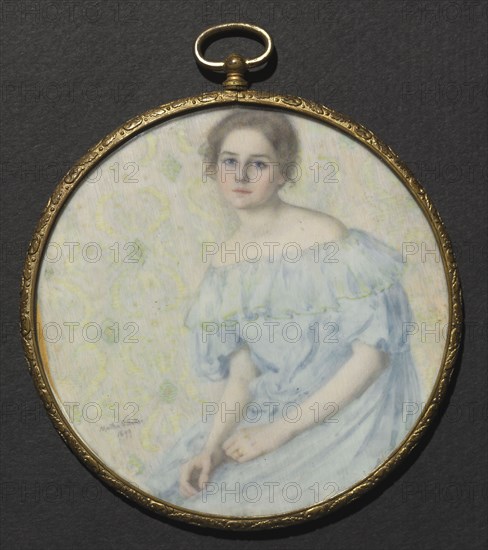 The Blue Gown (Portrait of Ethel Coe), 1899. Martha S. Baker (American, 1871-1911). Watercolor on ivory; diameter: 10 cm (3 15/16 in.); diameter of frame: 10.8 cm (4 1/4 in.).