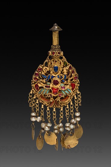 Earring with Vishnu Riding Garuda, 1600s. Nepal, Kathmandu Valley. Gold set with jewels and semi-precious stones; overall: 2.6 cm (1 in.).