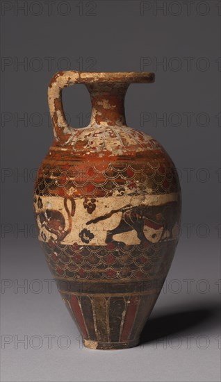 Protocorinthian Aryballos (Oil Flask), c. 650-640 BC. Greece, Corinth, 7th Century BC. Painted terracotta; overall: 13.7 cm (5 3/8 in.).