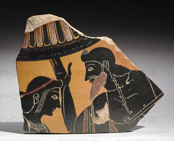 Fragment of a Painted Vase: Apollo and Zeus, c. 520 BC. Greece, Necropolis of Ferentum (Viterbo), 6th century BC. Earthenware; overall: 1.2 x 0.7 cm (1/2 x 1/4 in.).