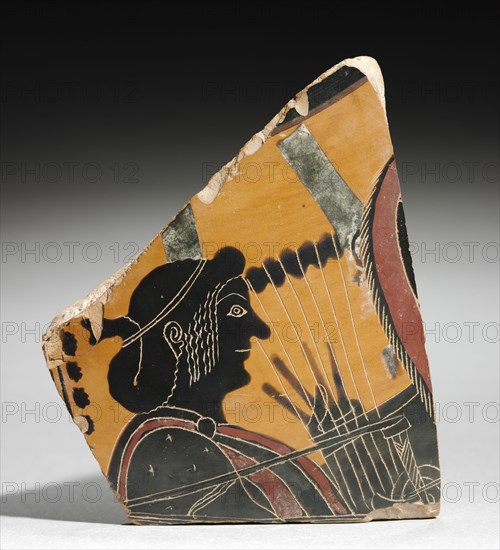 Fragment of a Painted Vase: Head of a Musician Playing a Lyre, c. 520 BC. Greece, Necropolis of Ferentum (Viterbo), 6th century BC. Earthenware; overall: 1.1 x 0.8 cm (7/16 x 5/16 in.).