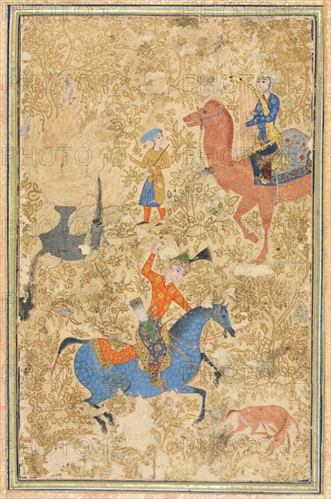 Bahram Gur and Azada, from a Shahnama (Book of Kings) of Firdausi (940-1019 or 1025), 1500s. Iran, Tabriz or Qazvin, Safavid period (1501-1722). Opaque watercolor and gold on paper; sheet: 32.5 x 21.5 cm (12 13/16 x 8 7/16 in.); image: 17.4 x 11 cm (6 7/8 x 4 5/16 in.).