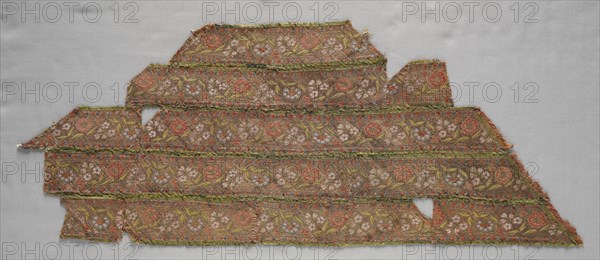 Silk Fragments (pieced together), 1700s - 1800s. Iran, 18th-19th century. Compound weave: silk and gold; overall: 39.4 x 32.4 cm (15 1/2 x 12 3/4 in.)