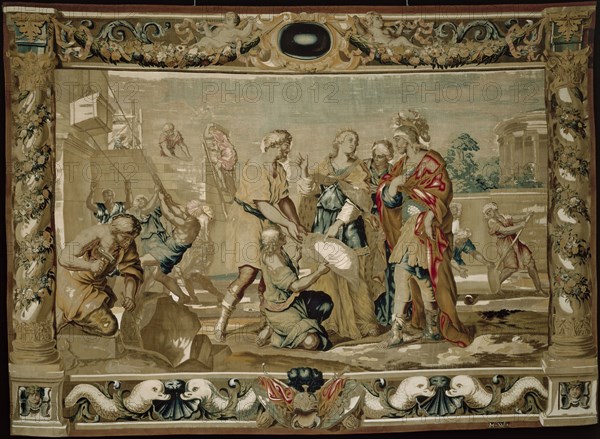 Dido shows Aeneas the plans for the fortifications of Carthage, 1679. Giovanni Francesco Romanelli (Italian, 1610-1662), Michael Wauters (Flemish, 1679). Tapestry weave: silk and wool; overall: 416.4 x 563.6 cm (163 15/16 x 221 7/8 in.)