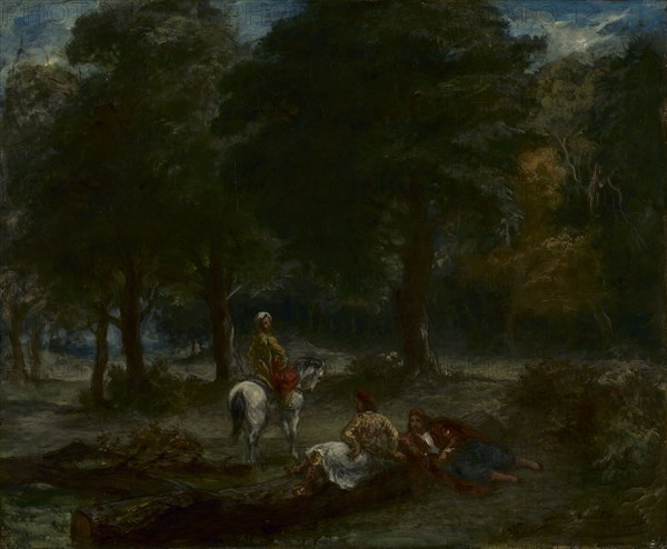 Greek Cavalry Men Resting in Forest, 1858. Eugène Delacroix (French, 1798-1863). Oil on fabric; framed: 76 x 87.5 x 7.5 cm (29 15/16 x 34 7/16 x 2 15/16 in.); unframed: 50.4 x 61.5 cm (19 13/16 x 24 3/16 in.).
