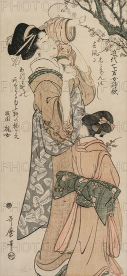 Mother Lifting a Child to a Plum Tree (from the series Chinese and Japanese Poems by Seven Year Old Girls of Recent Times), late 1790s. Kitagawa Utamaro (Japanese, 1753?-1806). Color woodblock print; sheet: 52.1 x 23.4 cm (20 1/2 x 9 3/16 in.).
