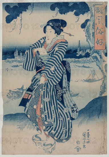 Geisha Standing on the Bank of the Sumida River (from the series People Who Like the Latest Fashions and Manners), early 1830s. Utagawa Kuniyoshi (Japanese, 1797-1861). Color woodblock print; sheet: 37.4 x 26.1 cm (14 3/4 x 10 1/4 in.).