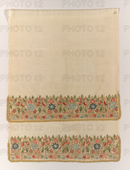 Embroidered towel, 1800s. Turkey. Plain weave: linen; embroidery, double-running stitch: silk, gilt-metal strips and thread; average: 129.5 x 55.9 cm (51 x 22 in.)