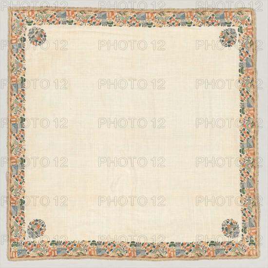 Embroidered head scarf, 1800s. Turkey. Plain weave: linen; embroidery, double-running stitch: silk, gilt-metal strips and thread; overall: 92 x 92.5 cm (36 1/4 x 36 7/16 in.)