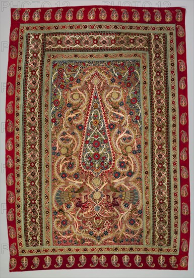 Prayer Rug, 1800s. Iran, Rasht, 19th century. Wool, inlaid work and silk embroidery, chain stitch; overall: 194.9 x 132.7 cm (76 3/4 x 52 1/4 in.)