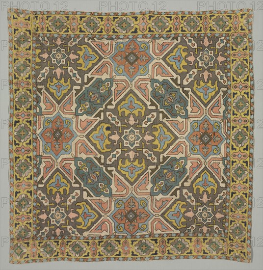 Cover with geometric design, 1800s. Iran, Qajar period. Plain weave: cotton; embroidery, surface darning and running stitch: silk; overall: 100.6 x 101.9 cm (39 5/8 x 40 1/8 in.)