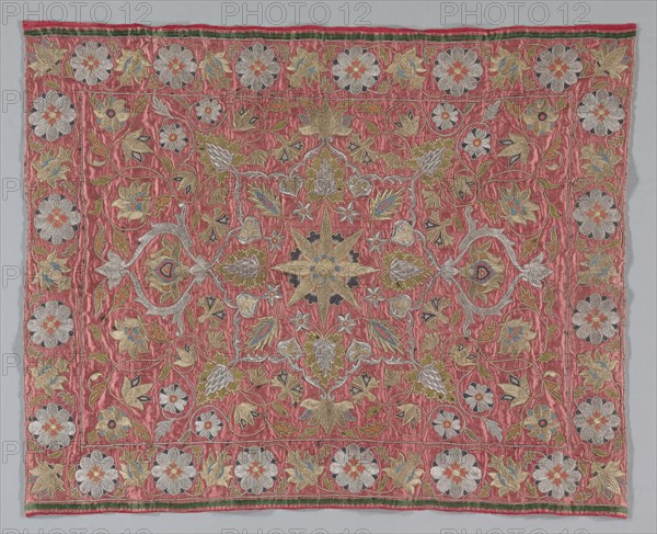 Embroidered Textile, 18th century. Turkey ?, 18th century. Embroidery: silk, and gold and silver filé on silk ground; cotton backing; average: 113.7 x 89.5 cm (44 3/4 x 35 1/4 in.).