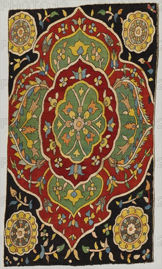 Cushion or Divan Cover, 1600s - 1700s. Azerbaijan, 17th-18th century. Embroidery: silk on cotton tabby ground; overall: 113.4 x 63.6 cm (44 5/8 x 25 1/16 in.).