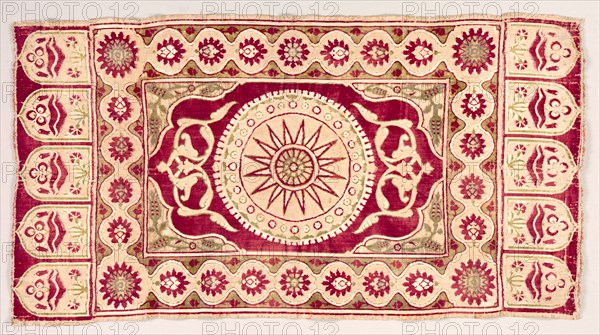 Velvet Divan Cushion, 17th century. Turkey, 17th century. Velvet; silk (formerly on silver ground, which is now worn and darned); average: 119.4 x 64.2 cm (47 x 25 1/4 in.)