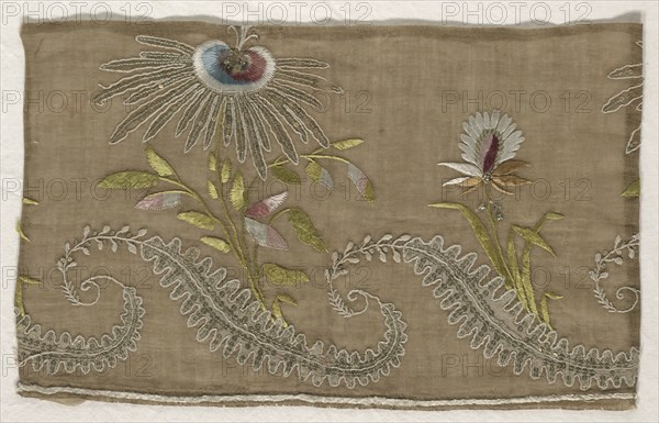 Fragment of Embroidery, 18th century. Spain, Southern, 18th century. Embroidery, silk threads on silk ground, linen appliqué; average: 28 x 43.2 cm (11 x 17 in.)
