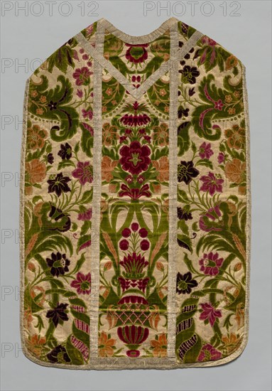 Chasuble, c 1600- 1700. Italy, Genoa, 17th century. Woven polychrome silk and gilt metal threads, cut and uncut velvet; overall: 106 x 68.3 cm (41 3/4 x 26 7/8 in.)