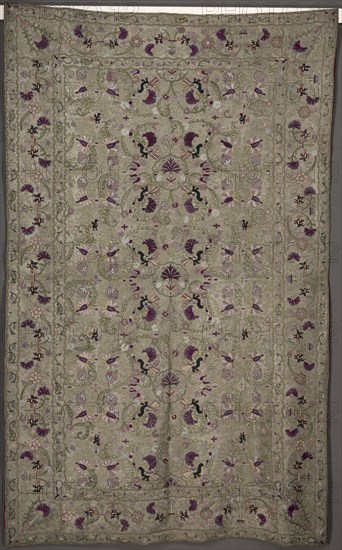 Coverlet, 1800s. India, 19th century. Embroidery; silk and gold filé on linen; overall: 289.6 x 182.3 cm (114 x 71 3/4 in.).