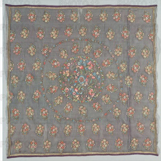 Turban cover, 1700s-early 1800s. Turkey. Plain weave: silk; embroidery, double-running stitch: silk, gilt- and silver-metal thread; average: 109.3 x 109.3 cm (43 1/16 x 43 1/16 in.)