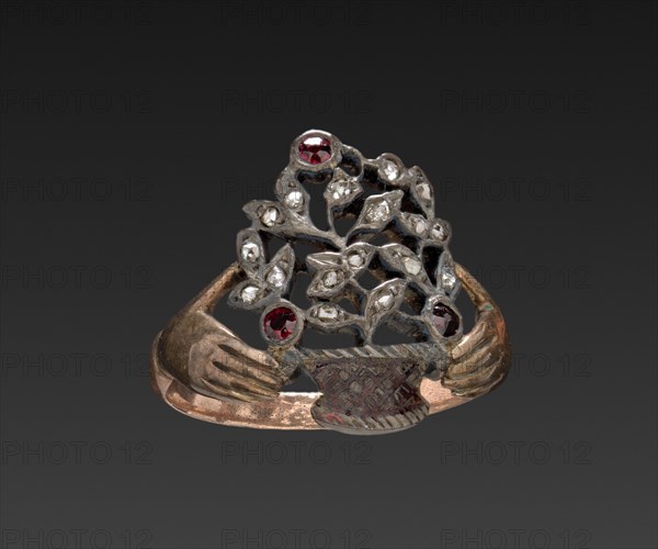 Ring, 1700s. France ?, 18th century. Gold band, silver ornamental basket with garnet and diamond chips; diameter: 1.8 cm (11/16 in.).
