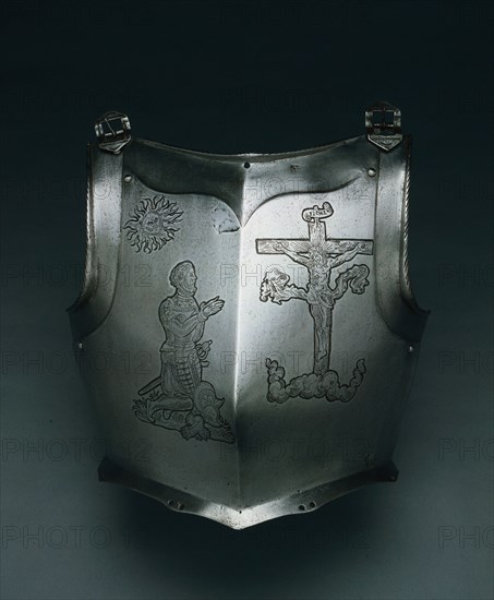 Breastplate, c. 1550. Germany, Nuremberg, 16th century. Steel with etched figure kneeling before Crucifixion; overall: 31.3 x 35 x 20 cm (12 5/16 x 13 3/4 x 7 7/8 in.).