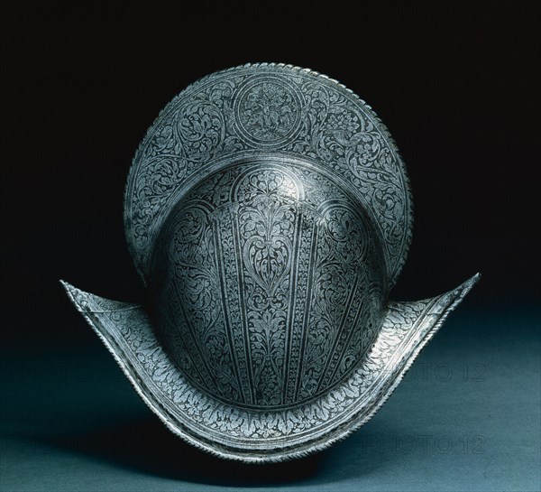 Morion, c. 1575-1600. North Italy, late 16th Century. Steel with etched floral motif and medallion (on comb) with boar under oak tree; overall: 39 x 23.5 x 33 cm (15 3/8 x 9 1/4 x 13 in.).