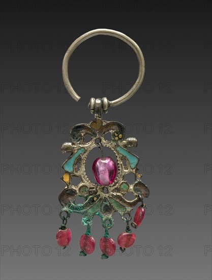 Earring, 1800s. Russia, 19th century. Silver, enamel and red glass beads; overall: 6.4 x 2.6 cm (2 1/2 x 1 in.).