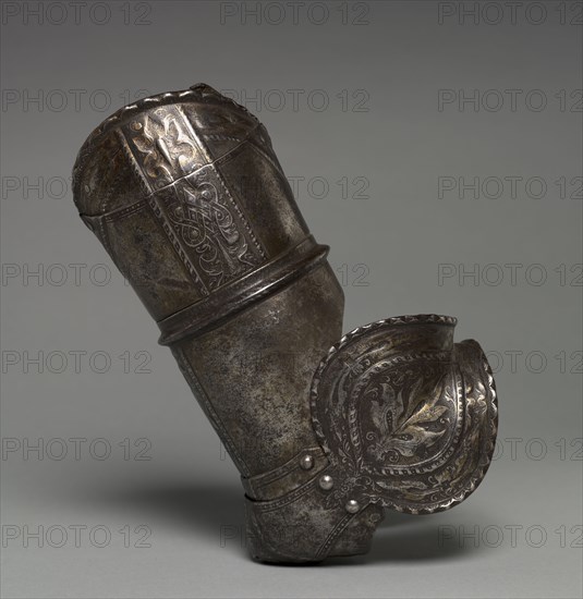 Right Arm Elements from a Boy's Armor (Rerebrace with Couter), c. 1560 (some modern). Germany, Augsburg, mostly 16th Century (some modern). Etched and lightly embossed steel with traces of gilding, leather; overall: 16.5 cm (6 1/2 in.)