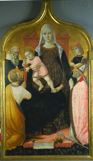 Virgin and Child, with Saints Anthony Abbott, Mark, Severino, and Sebastian, c. 1490-1496. Lorenzo da Sanseverino (Italian, 1468-1500). Tempera on gold wood panel; framed: 144 x 84.5 x 5 cm (56 11/16 x 33 1/4 x 1 15/16 in.); unframed: 128.9 x 76 cm (50 3/4 x 29 15/16 in.).