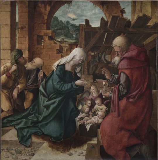 Adoration of the Shepherds, c. 1510. Hans Leonhard Schäufelein (German). Oil on wood; framed: 86 x 85.5 x 4 cm (33 7/8 x 33 11/16 x 1 9/16 in.); unframed: 58 x 56.6 cm (22 13/16 x 22 5/16 in.).