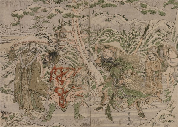 Winter Scene from the Romance of the Three Kingdoms, c. 1790. Kitagawa Utamaro (Japanese, 1753?-1806). Color woodblock print; overall: 32.8 x 22.6 cm (12 15/16 x 8 7/8 in.).