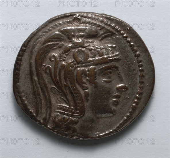 Tetradrachm: Head of Athena Parthenos (obverse), 150-100 BC. Greece, 2nd century BC. Silver; diameter: 2.2 cm (7/8 in.).