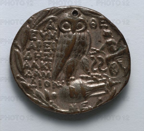 Tetradrachm: Owl Standing (reverse), 150-100 BC. Greece, 2nd century BC. Silver; diameter: 2.2 cm (7/8 in.).