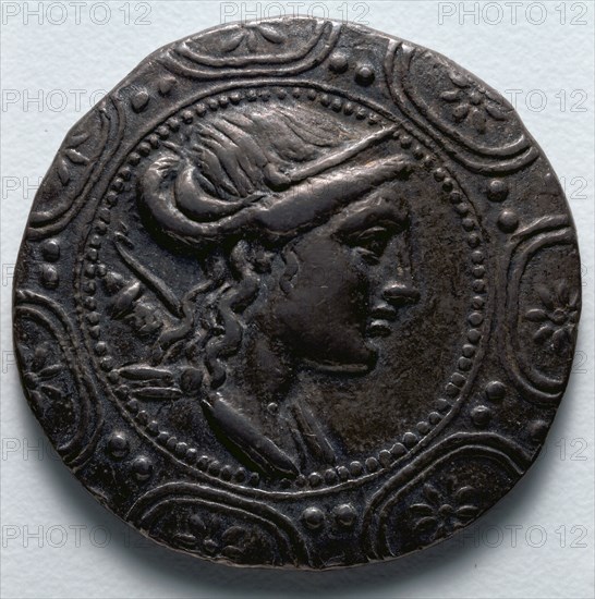 Tetradrachm: Macedonian Shield with Bust of Artemis (obverse), 158-149 BC. Greece, Macedonia, 2nd century BC. Silver; diameter: 3.2 cm (1 1/4 in.).