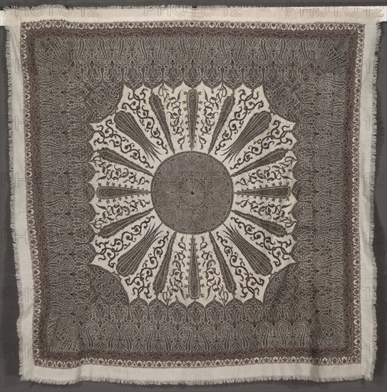 Square Shawl, 1880s. India, Kashmir, late 19th century. Twill tapestry and embroidery; large pieced areas: wool; overall: 189.9 x 189.9 cm (74 3/4 x 74 3/4 in.).
