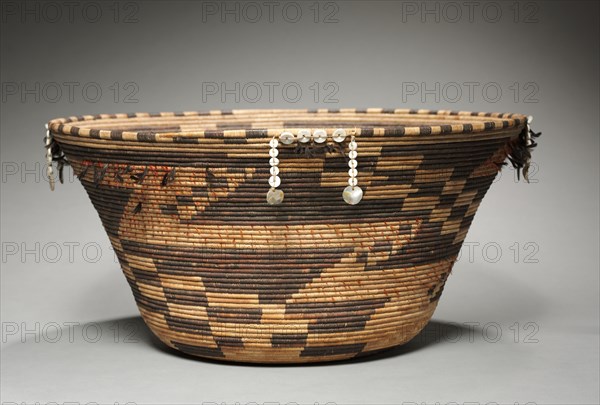 Puberty Basket, 1890. California, Pomo, late 19th century. Coiled, quail and woodpecker feathers, shell, abalone; overall: 21.5 x 45.5 cm (8 7/16 x 17 15/16 in.).