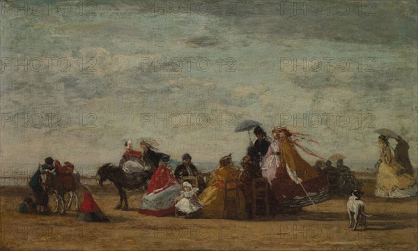 Beach Scene, c. 1865-1867. Eugène Boudin (French, 1824-1898). Oil on wood panel; framed: 54 x 75 x 6.4 cm (21 1/4 x 29 1/2 x 2 1/2 in.); unframed: 34.7 x 57.7 cm (13 11/16 x 22 11/16 in.).