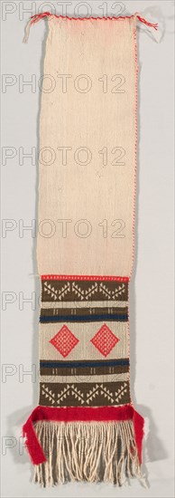 "Hopi Brocade" Style Dance Sash, c. 1874-1885. America, Native North American, Southwest, Pueblo (Hopi), Post-Contact, Late Classic Period. Plain weave with supplementary weft wrap; wool (handspun, Germantown, and bayeta); overall: 118.5 x 51.2 cm (46 5/8 x 20 3/16 in.)